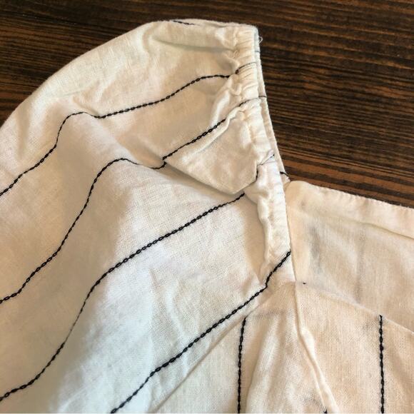 Boho Linen Square Neck Puff Sleeve Pin Striped Cropped Top Women’s Small Cream - Picture 3 of 10